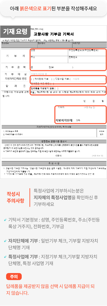 
                                    	기재요령
                                    	기탁서 기부자 성명, 주민등록번호, 주소
                                    	, 전화번호, 기부금액, 지방자치단체 명
                                    	, 기부종류 선택(자치단체 기부, 특정사업기부)
                                    	, 답례품 제공 받음 여부
                                    	, 기부자 서명을 작성합니다.

                                    	작성시 주의사항
                                    	특정사업에 기부하시는 분은 지자체의 특정사업명을 확인하신 후
                                    	기부하세요.

                                    	기탁서 기본정보 : 성명, 주민등록번호, 주소(주민등록상 거주지), 전화번호, 기부금

                                    	자치단체에 기부시 : 기부할 지방자치단체명 기재, 자치단체 기부 체크
                                    	특정사업에 기부시 : 기부할 지방자치단체명 기재, 특정사업 기부 체크, 특정 사업명 기재

                                    	주의 : 답례품을 제공받지 않음 선택 시 답례품 지급이 되지 않습니다.
                                    